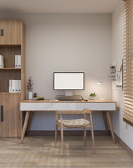 Obraz na płótnie Canvas Minimalist workspace interior design with white and wood style with PC computer mockup