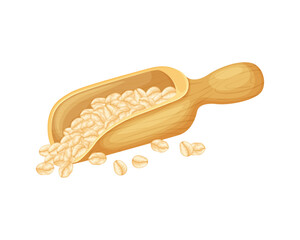 Wooden scoop with oat flakes. Oat grains in a wooden spatula. A large wooden spoon with oats. Vector illustration isolated on a white background