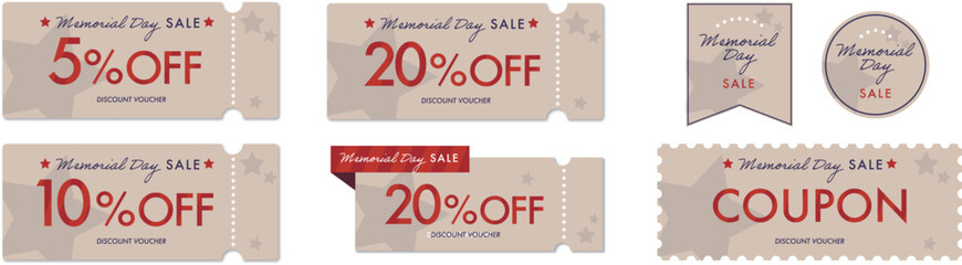 メモリアルデーセールに使えるシンプルなベージュのクーポンベクターアイコンセット