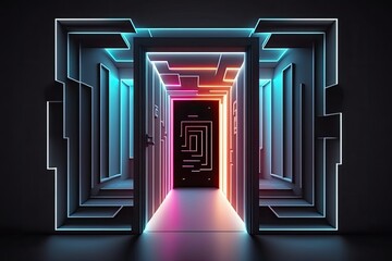 Abstract neon corridor or doorway leading into a futuristic environment. Neon lights, a subterranean entrance, and a modern black background. Roots in science fiction. Literal door or entrance metapho
