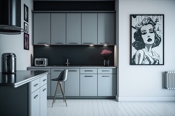 Up close of sleek, contemporary grey kitchen cabinetry and a work surface. Generative AI