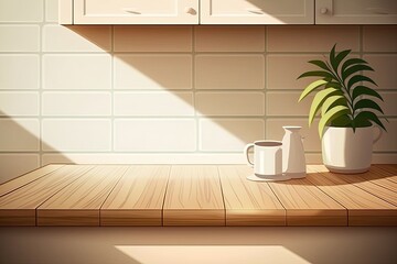 a blank, empty space up close on a gorgeous oak wood wooden kitchen counter top with morning sunlight and the shadow of leaves on white ceramic wall tiles. Set in the kitchen as a backdrop. Generative