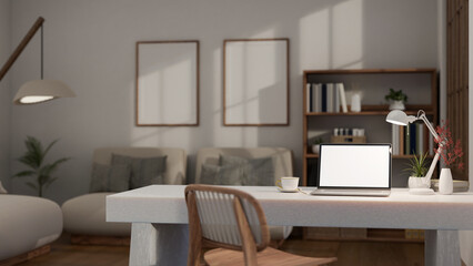 Interior design of modern workspace in contemporary cozy living room, laptop on white stone table