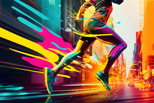 Sports person with athletic legs running in city illustrating action and challenge concept for sneakers or shoes banner. Generative AI