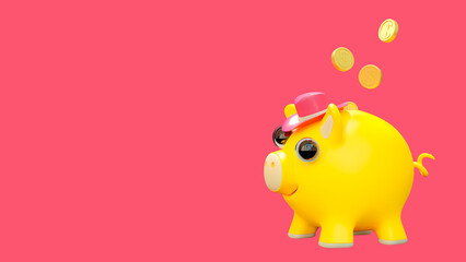 Yellow piggy bank wearing pink hat. Designed in minimal concept.  purple background and clipping path. 3D Render.