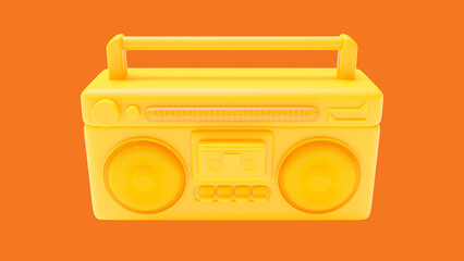 yellow antique cassette player front view. Designed in minimal concept. Orange background and clipping path. 3D Render.