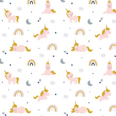 Seamless baby pattern with unicorns, rainbows, clouds, stars and sparkles. Repeated texture with fairytale animals. Creative kids texture for fabric, wrapping, textile, wallpaper, apparel etc.