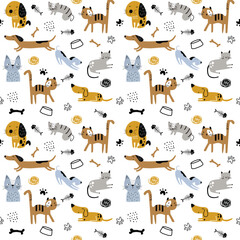 Seamless kids pattern with funny cats and dogs. Cute and simple childish repeated pattern. Creative kids texture for fabric, wrapping, textile, wallpaper, apparel etc.