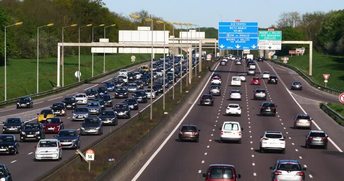 Traffic Jam on Highway A4 near Paris, Car Traffic, France, Slow Motion 4K