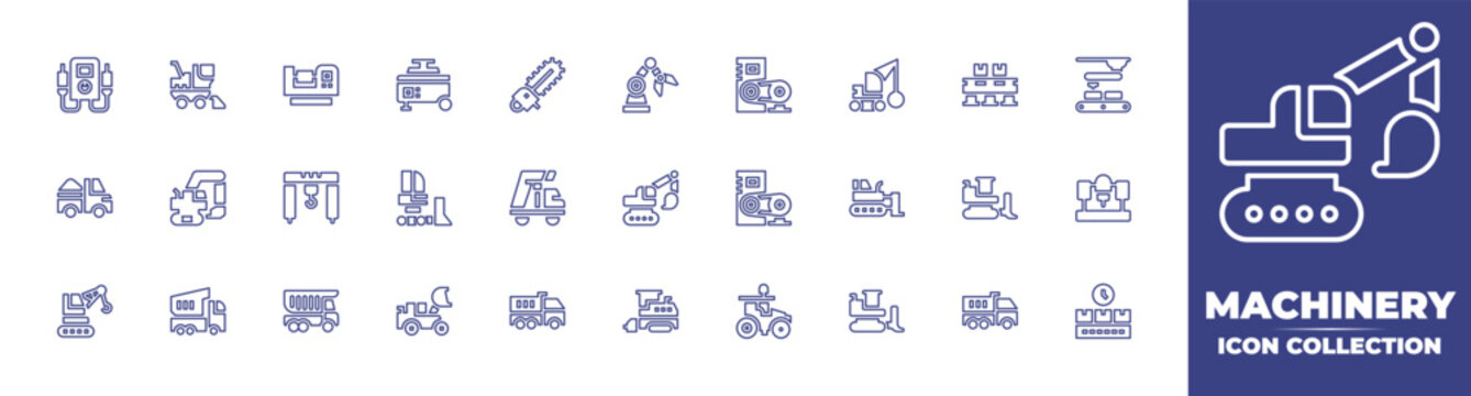 Machinery line icon collection. Editable stroke. Vector illustration. Containing voltmeter, harvester, lathe, electric generator, chainsaw, robotic arm, machine, demolish, conveyor, truck, and more.
