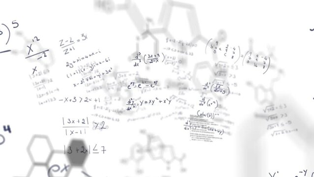Animation of mathematical formulae and data processing on white background