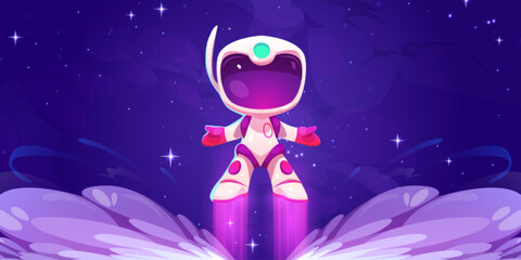 Vector cartoon game background with cosmonaut character fly up in flame. Spaceman takeoff from fire in videogame. Galaxy mission with interstellar robot in white suit and helmet © klyaksun