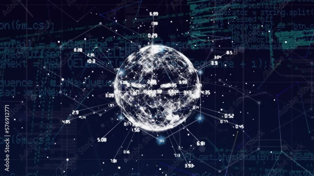 Poster animation of globe with connections and data processing on black background