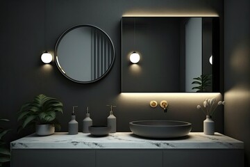 A mirror hangs over a gray sink in a bathroom with white walls. Space for cosmetics and a mirror. Generative AI