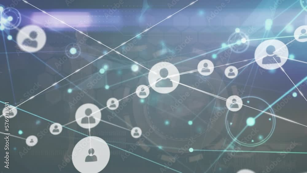 Poster animation of network of connections with icons and data processing on blue background