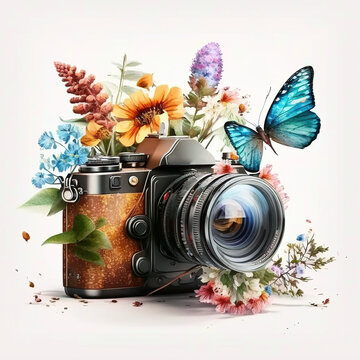 Many Beautiful Colorful Spring Florals Camera with Butterfly Watercolor - Generative AI 