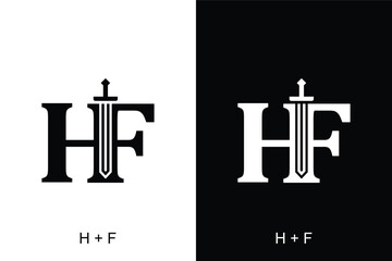 Letter HF with sword combination concept on black and white background. Very suitable for symbol, logo, company name, brand name, personal name, icon and many more.