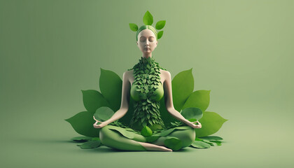 21 June- international yoga day, woman made with green leaves in yoga pose, Generative ai
