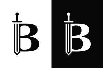 Letter B with sword combination concept on black and white background. Very suitable for symbol, logo, company name, brand name, personal name, icon and many more.