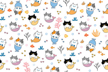 Seamless Pattern with Cartoon Mermaid Cat ,Fish and Coral Design on White Background