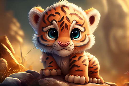 a cute adorable baby tiger generative ai rendered in the style of children-friendly cartoon animation fantasy style, generative ai