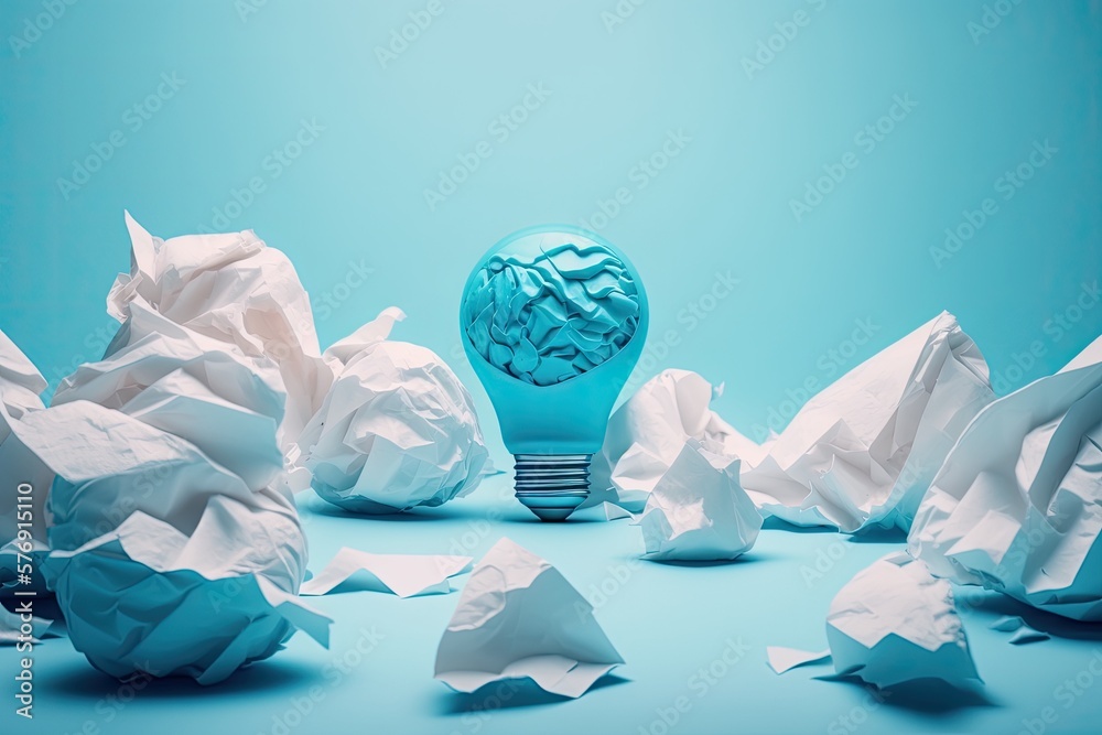 Wall mural Lightbulb with a ball of crumpled paper symbolize creativity, inspiration, and new ideas against a pastel background. Layouts with no depth. Generative AI