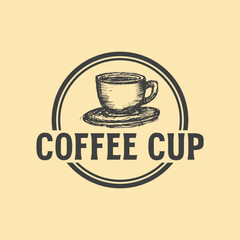 Coffee cup logo design template with vintage hand drawn style