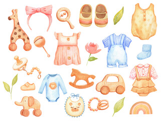 Infant cute clothes and toys isolated on white. Nursery watercolor set. Baby things