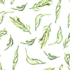 Seamless watercolor pattern with green twigs, herbs on a white background.