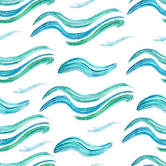 Seamless watercolor pattern with waves on a white background.Summer, sea, vacation