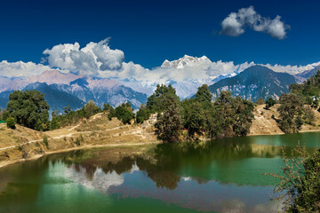 Fototapeta na wymiar Deoriatal, Uttarakhand, India, Deoria Tal, Devaria or Deoriya lake at Sari village , Garhwal Himalayas, famous for snow capped chaukhamba mountains in the backdrop. It is considered sacred by Hindus.
