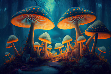 fantasy raster image of giant, fantastical mushrooms growing in an enchanted woodland, Generative AI