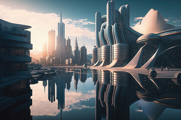 Futuristic Cityscape with Octo-Rendering Technology, Future city 3D scene. Sci fi metropolis. Generative AI