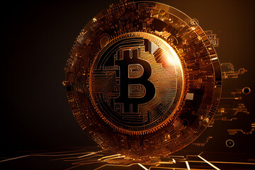 Golden metallic Bitcoin coin, abstract creative coin on network background, Generative AI