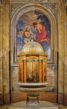 ROME, ITALY - AUGUST 15, 2016: Interior of Basilica Our Lady of the Miracle, Madonna del Miracolo showing baptism of Jesus.