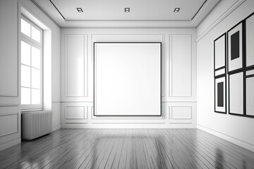 Obraz premium Drawing of a contemporary, empty space with a wooden floor and huge, white walls. Generative AI
