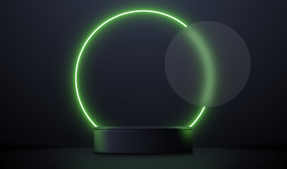 Realistic 3d cylinder pedestal podium with circle green neon glowing. Abstract vector rendering geometric forms. Product presentation, mock up, show cosmetic product, Podium, stage pedestal.