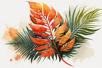 The leaves of a tropical palm painted in watercolor. Generative AI