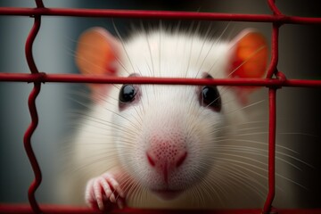 Obraz premium An inquisitive white rat peers out of its cage (shallow DOF, selective focus on the rat nose). Generative AI