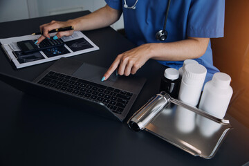 Medicine doctor working with digital medical interface icons on the hospital background, healthcare and Medical technology and network concept.