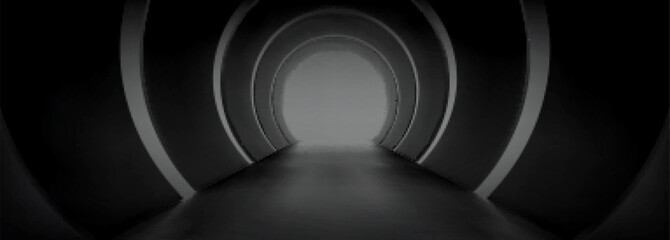 Obraz premium Empty tunnel interior in perspective view. Abstract futuristic architecture, modern gallery hall or corridor black circle walls, vector realistic illustration