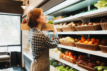 Caucasian young adult saleswoman is carrying the basket of fruit and looking at shelves to add fruit until basket is fully. Female employee is sorting types of fruit before opening the grocery store.