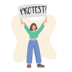 girl protesting with banner. Cartoon style. Vector illustration.