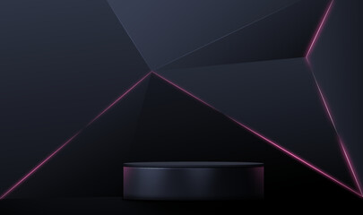 Realistic 3d cylinder pedestal podium with neon glowing. Abstract vector rendering geometric forms. Product presentation, mock up, show cosmetic product, Podium, stage pedestal.