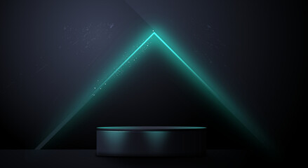 Realistic 3d cylinder pedestal podium with blue neon glowing. Abstract vector rendering geometric forms. Product presentation, mock up, show cosmetic product, Podium, stage pedestal.