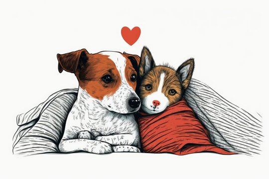 Two adorable pets, a cat and a jack russell terrier puppy, cuddle together on a bed with a red heart and a cozy blanket against a holiday themed background. Theoretical framework for Valentine's Day