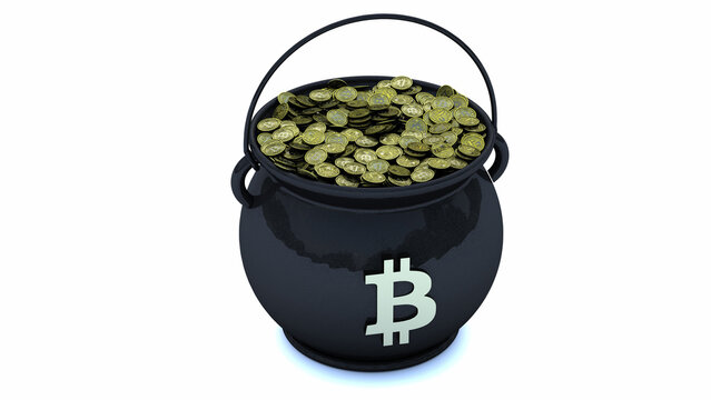 Pot of gold bitcoin for St. Patrick's Day, 3d illustration