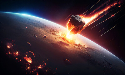 Fototapeta na wymiar A large Meteor burning and glowing as it hits the earth. Comet Armageddon, Devastating Meteorite, world end, doomsday predict. Large asteroid hitting Earth. Generative AI.
