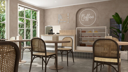 Modern, luxury tropical design cafe, counter, espresso machine, cake display fridge, rattan chair, coffee table in sunlight from outdoor garden on beige brown stucco wall, cement floor. Background 3D