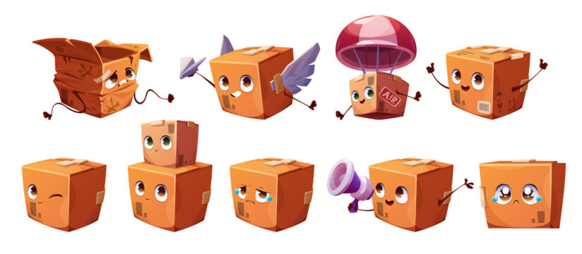 Parcel box mascot cartoon character set with face and emotions. Happy flying express package delivery hero. Mail support icon with sad broken and spoiled cargo pack. Shipping packaging game png.